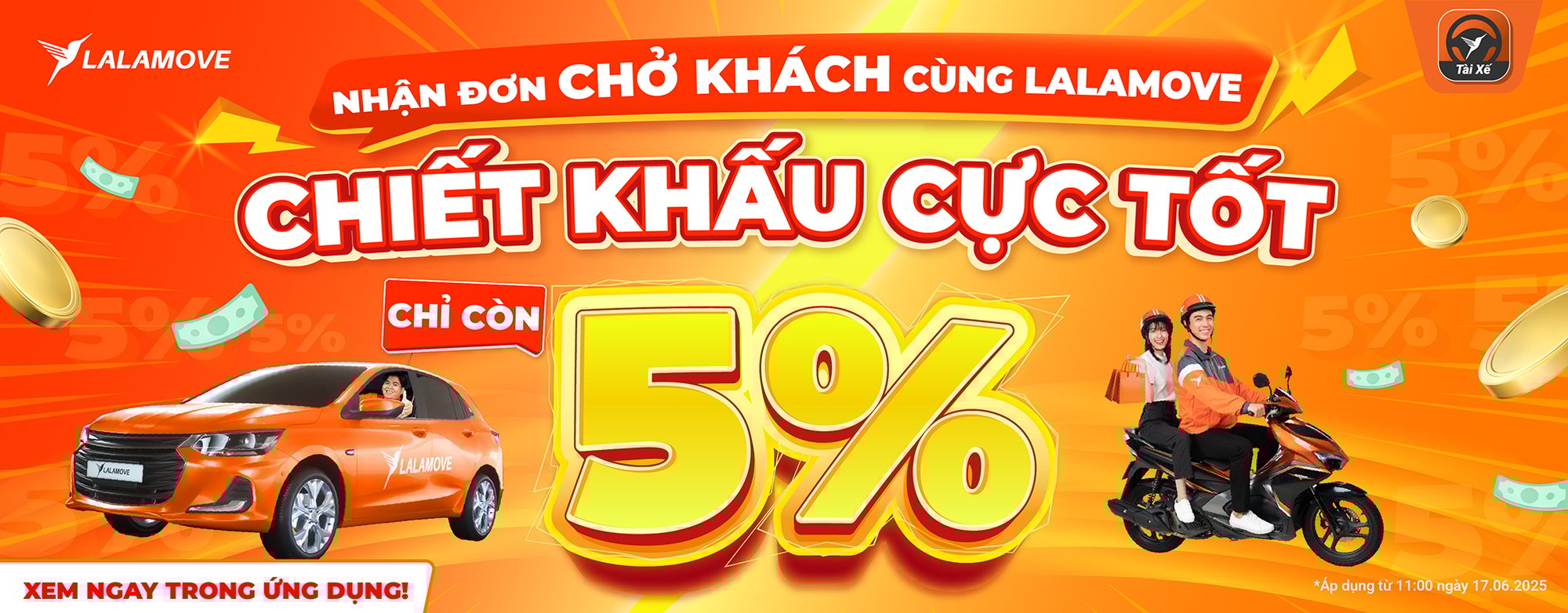 Chiết khấu 5% cho tài xế Lalamove chạy đơn Chở Khách!