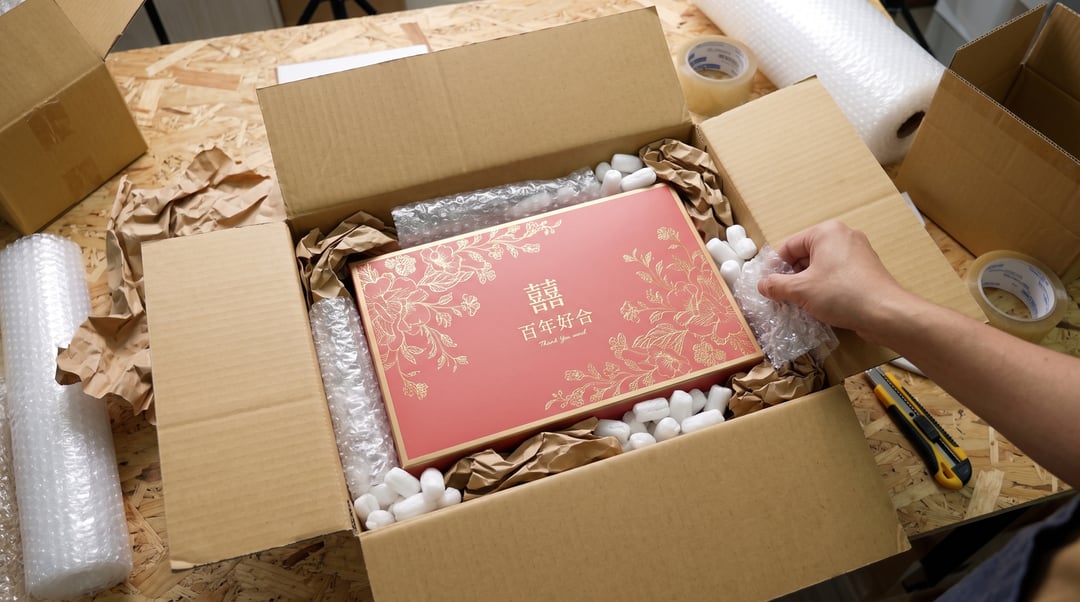 禮盒與箱子之間放置緩衝包材
