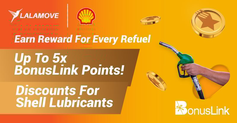 A digital promotional banner from Lalamove featuring the Shell logo and branding. The banner is predominantly blue and white, with the Shell logo in the center and text around it promoting Lalamoves partnership with Shell