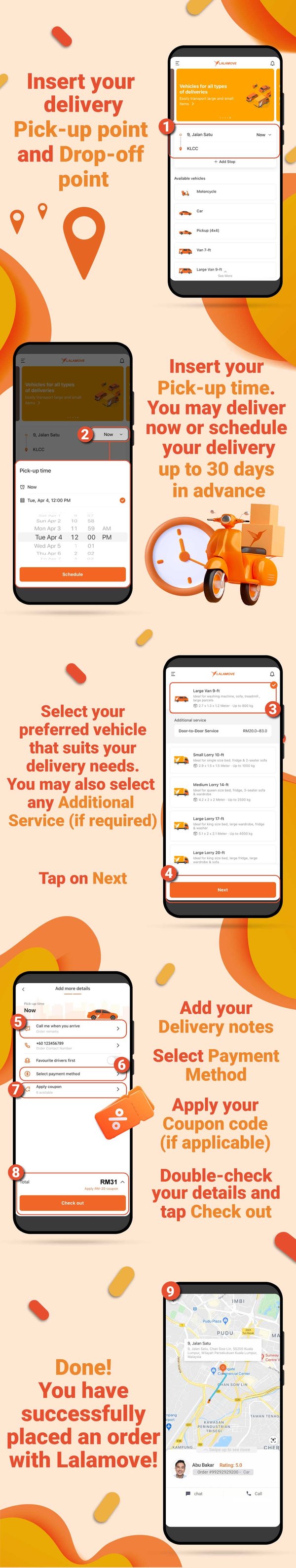 A step-by-step guide on how to use the Lalamove app, featuring a series of screenshots on a smartphone, showing the different features and options available for users to book and track their delivery orders. The guide incl-1