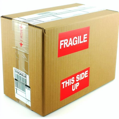 A sealed carton box with label Fragile and This Side up
