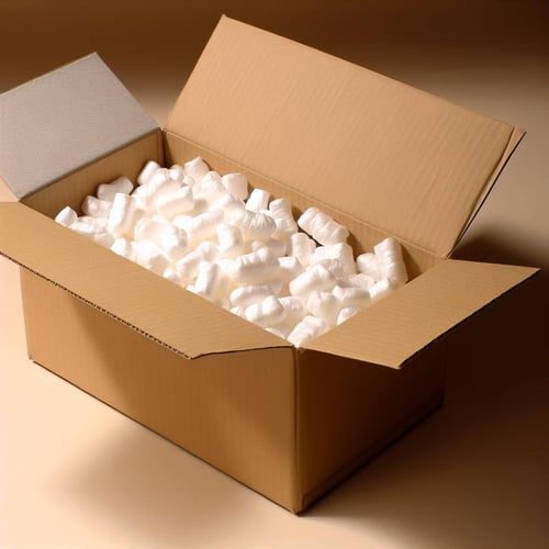 a carton box filled with some packing peanuts