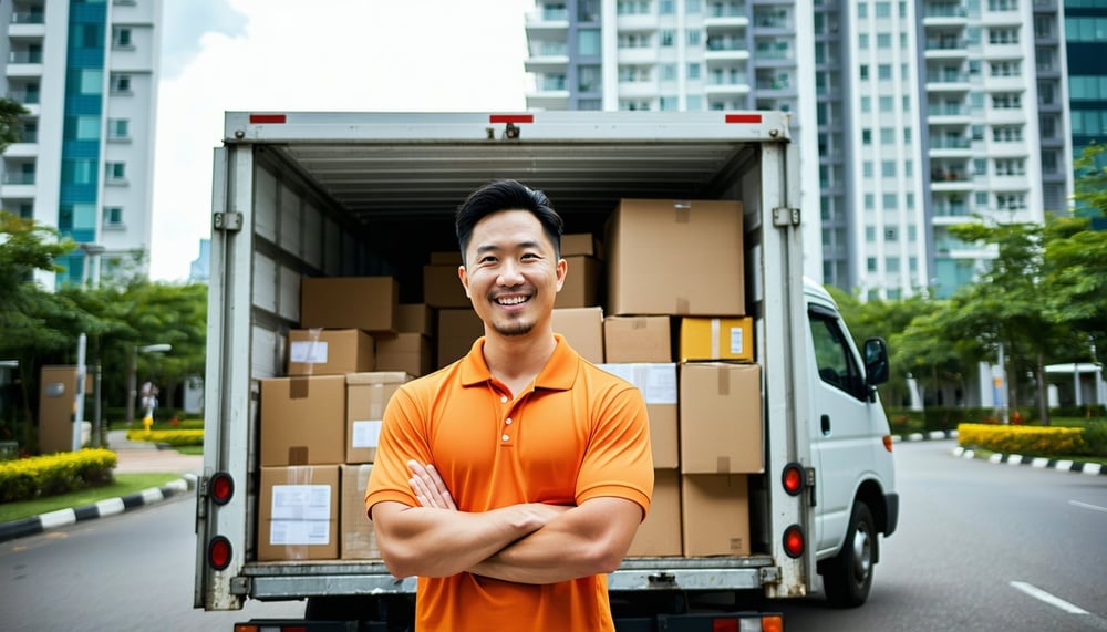 create a ASIAN singaporean lalamove man in his 30s wearing orange smiling confidently standing outside of his truck while his truck is just behind him inside his truck it is filled with alot of huge boxes which contains furniture behind the backgroun-2