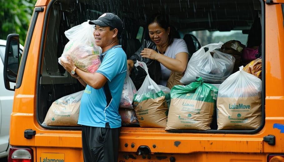 filipinos carrying a relief bag and helping out in the rain taking out packs from inside an orange Lalamove truck filled with relief goods