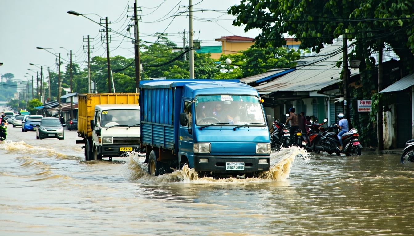flood in Pampanga with different filipino delivery drivers trying to cross in the Philippines-2