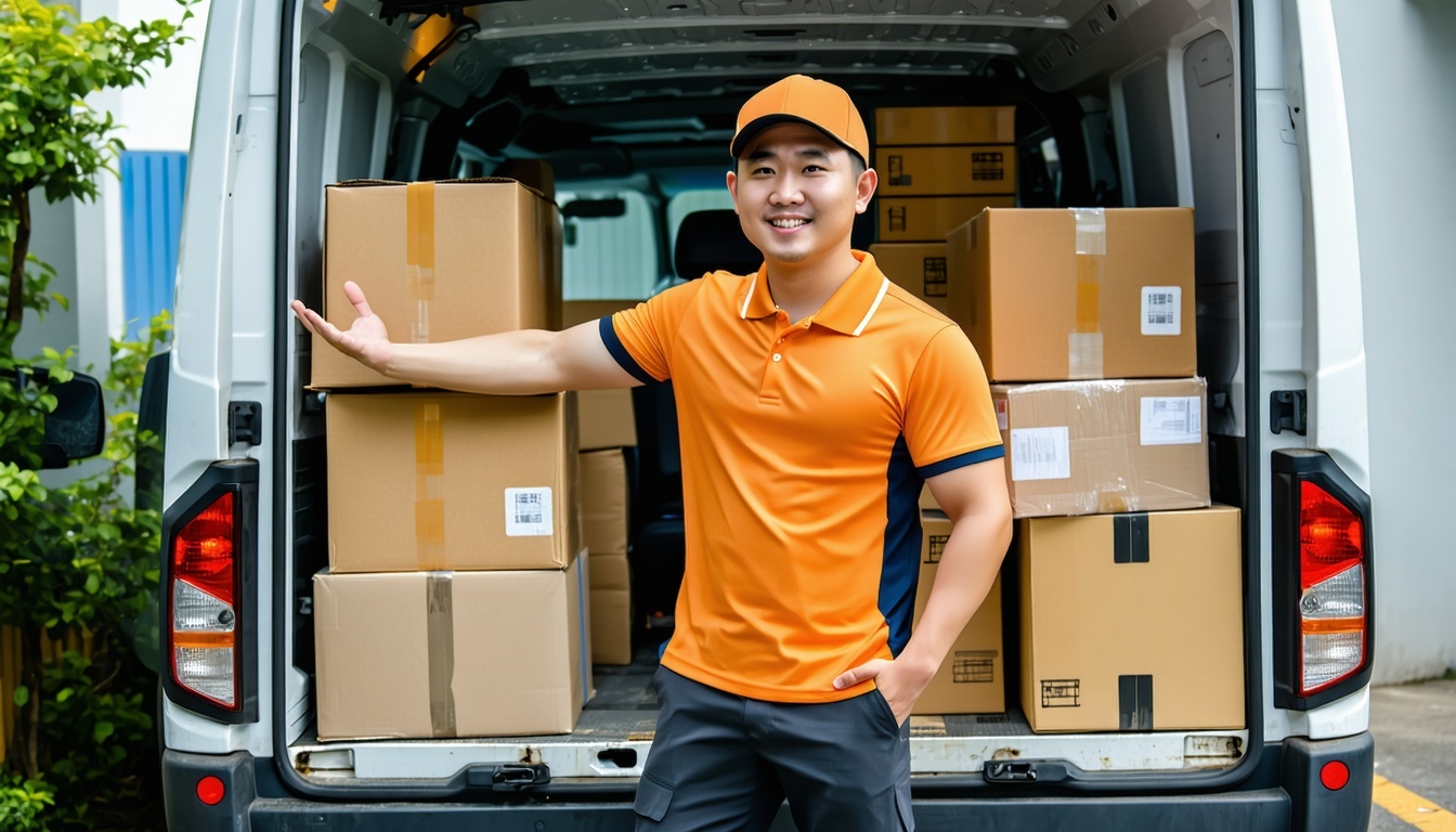 help me create an asian singaporean in his 30s lalamove driver wearing orange helping new owners to deliver their furniture him standing outside of his vehicle with alot of huge boxes inside his truck