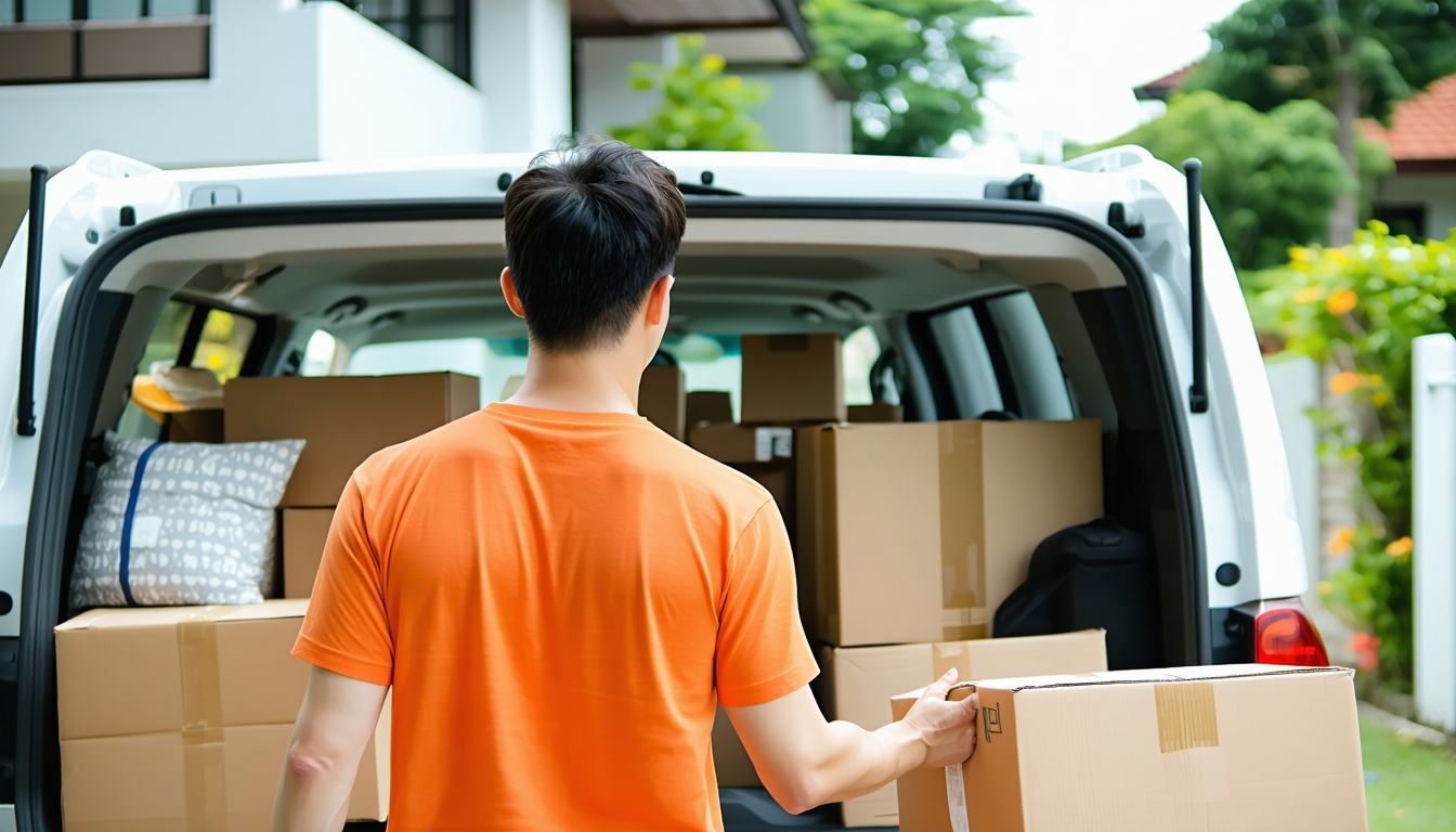 help me generate a guy Singaporean driver wearing orange tshirt helping a married singaporean couple with house moving with her furniture they should look grateful for the driver show the backview of them will do-3