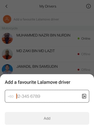 Add a favourite Lalamove driver