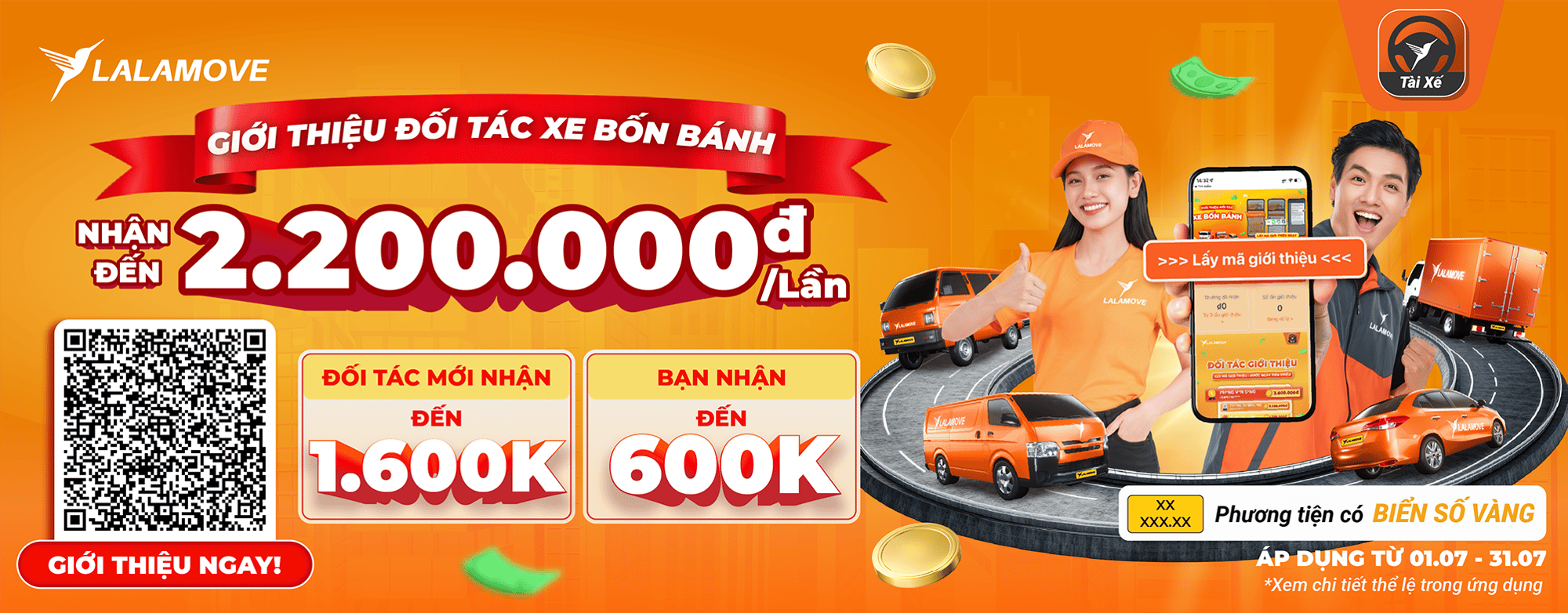 Nhận đến 2.200.000đ/lần khi giới thiệu Đối tác Lalamove xe bốn bánh