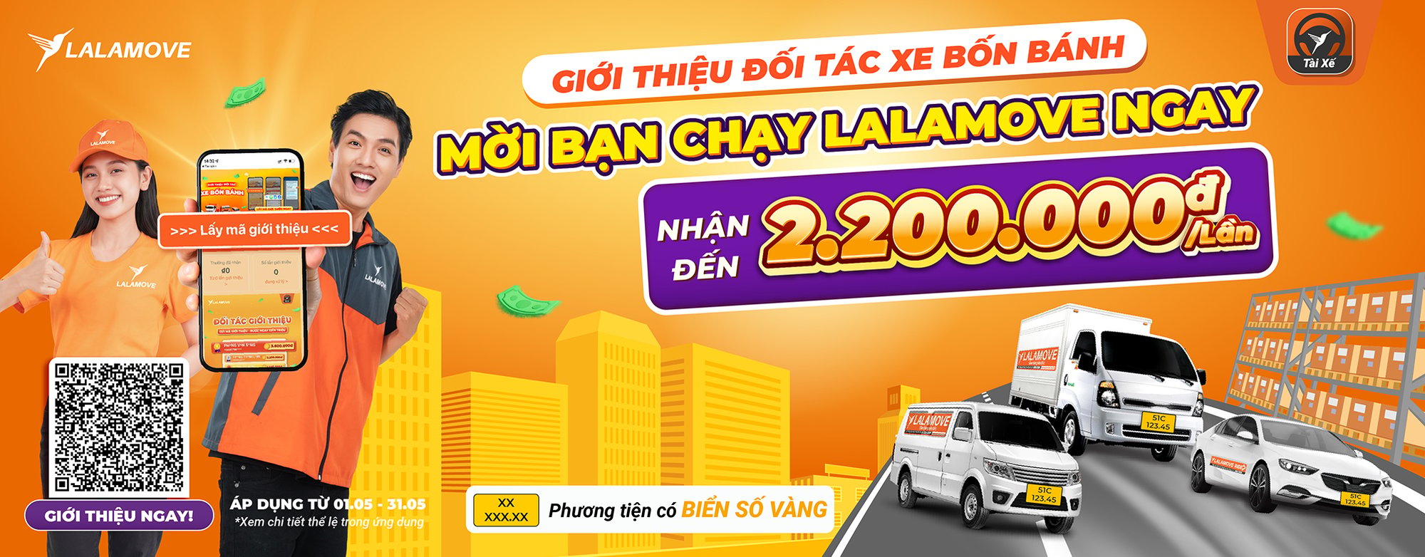 Nhận đến 2.200.000đ/lượt khi giới thiệu đối tác xe bốn bánh Lalamove - giảm chi phí chuyển đổi biển số vàng!