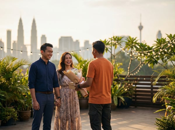 Happy Malaysian couple during a proposal moment with a delivery driver in an orange shirt handing over flowers, warm golden hour lighting in a city setting.
