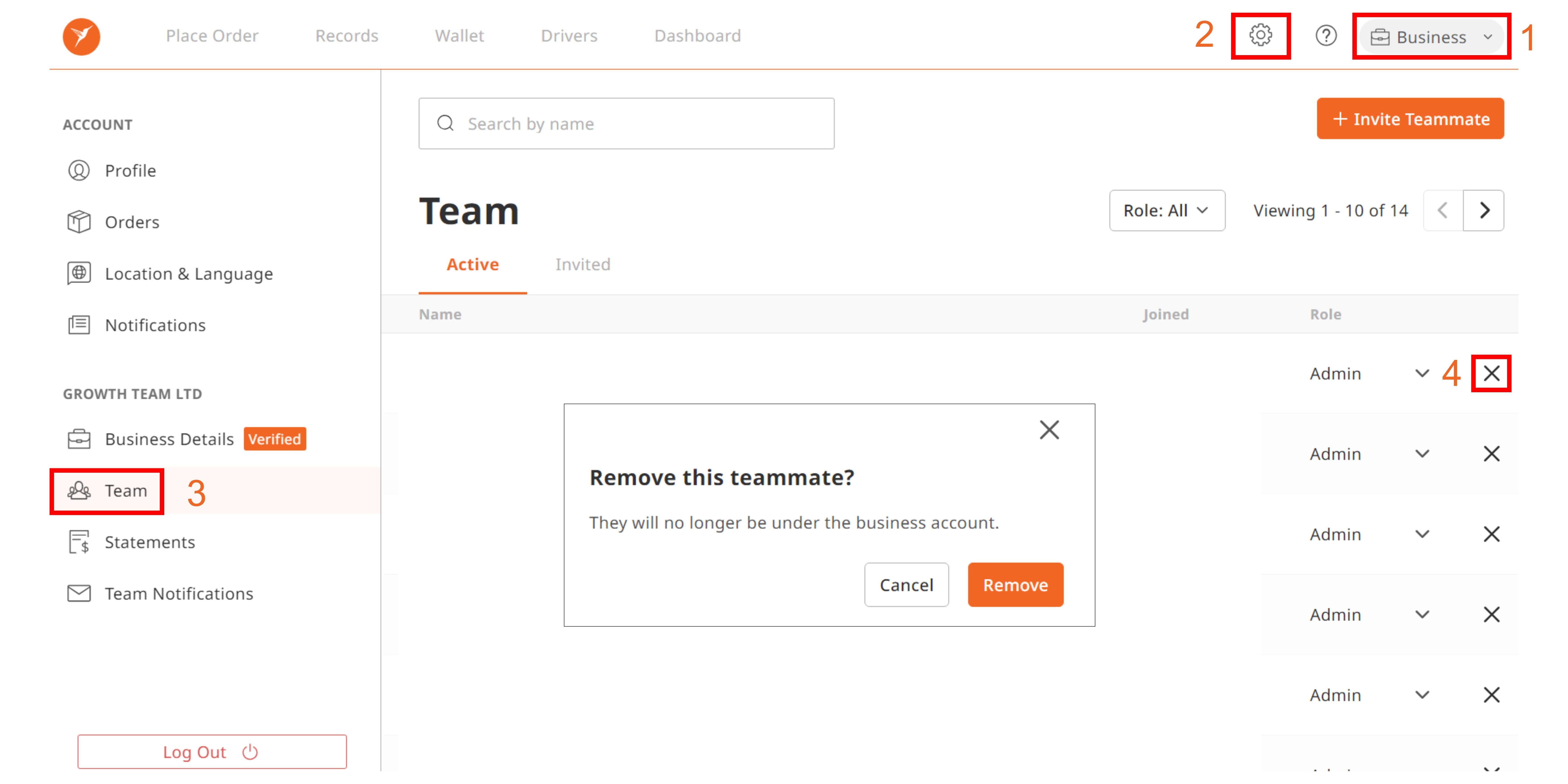 How to Remove Users under a Business Account