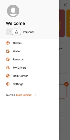 Lalamove app welcome menu