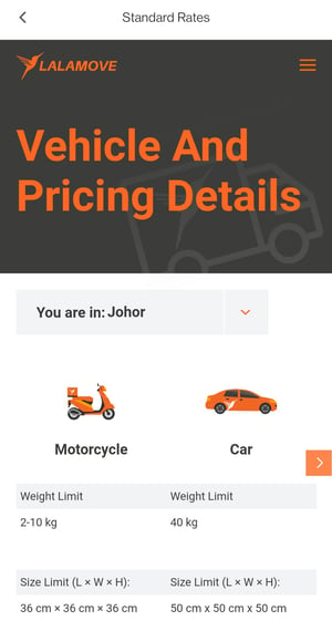 Lalamove pricing structure in the app