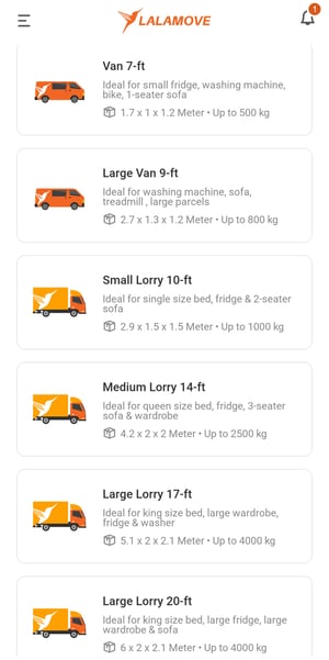 List of Lalamove vehicles in the app