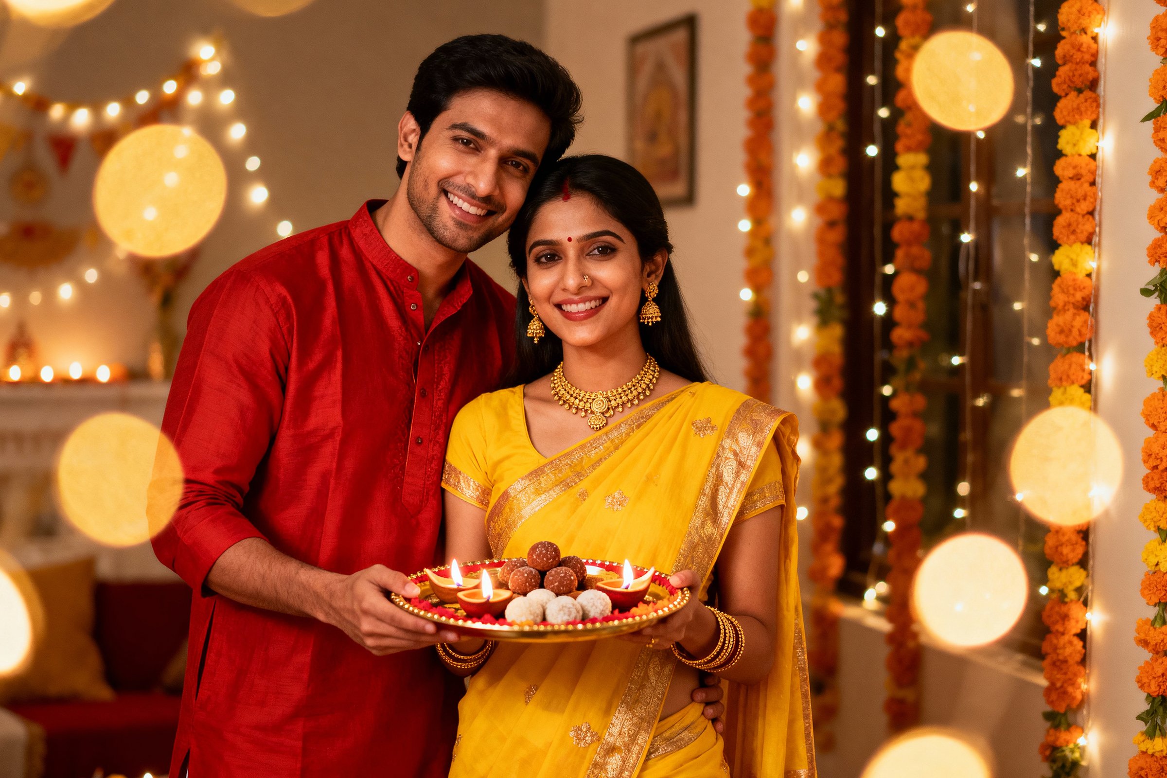 a couple posing for diwali celebration