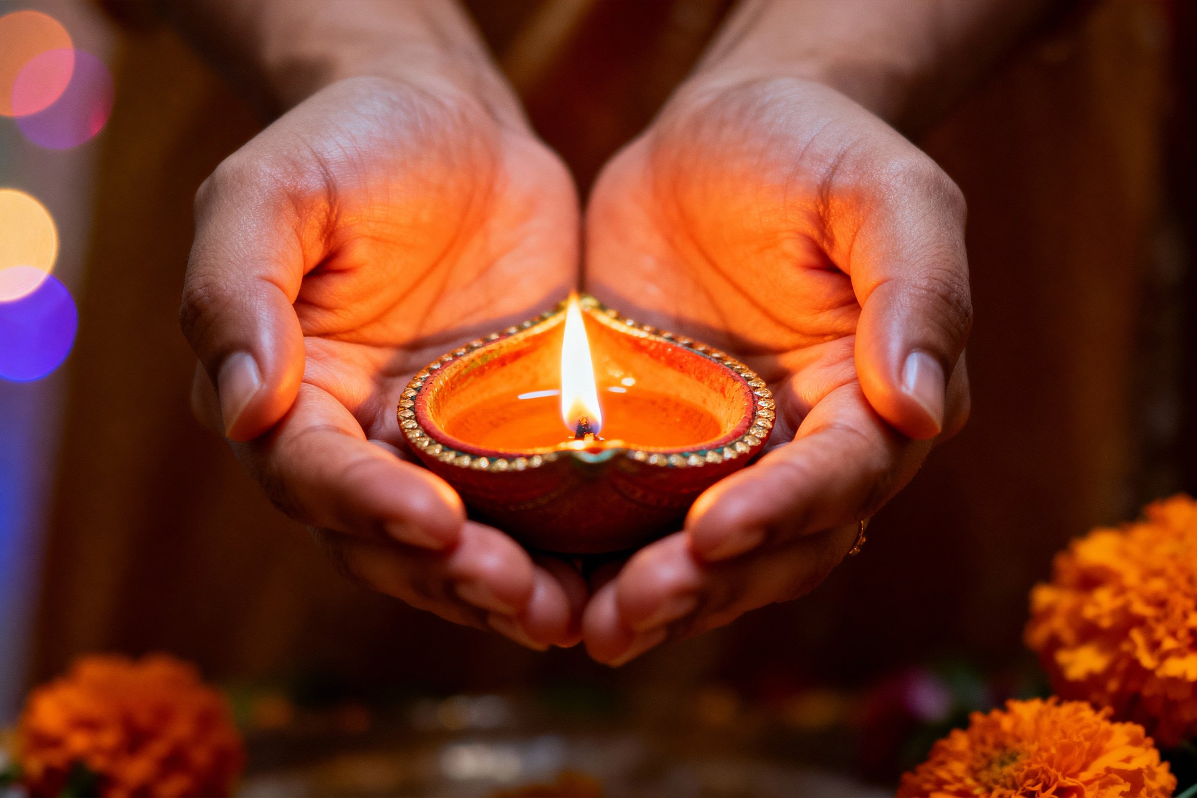 an oil lamp in a woman's hand for the event of diwali