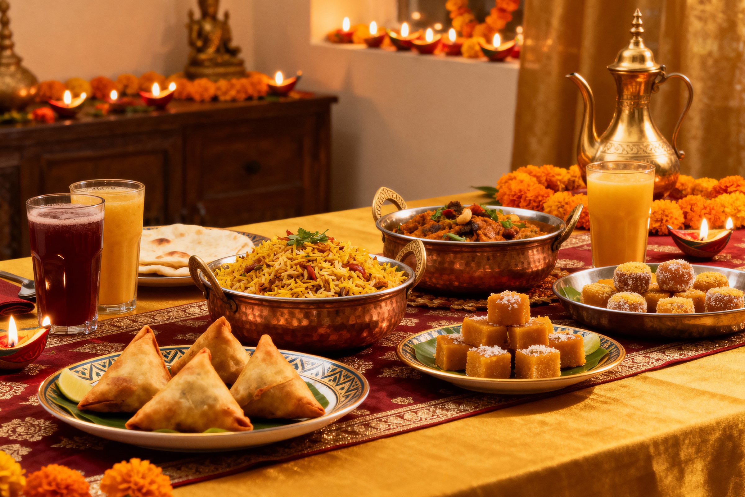 a table full of different indian foods for diwali celebration