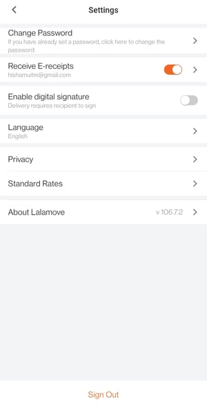 Settings in Lalamove app