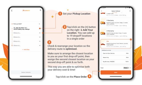 Steps to place a multistop order in the Lalamove app