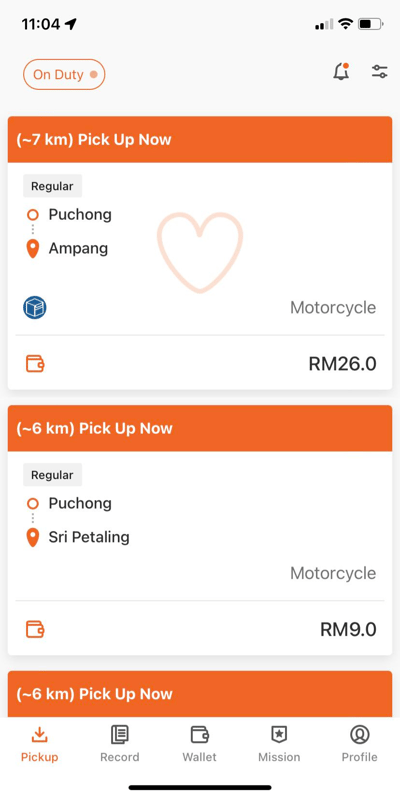 contoh pesanan daripada peminat rakan penghantar yang mempunyai simbol dalam app lalamove