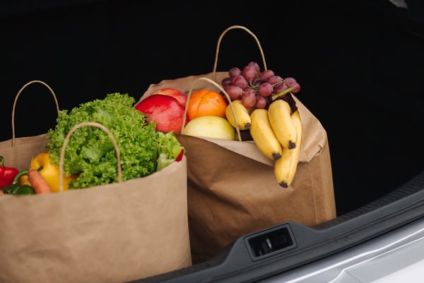dua beg barang dapur sayur-sayuran dan buah dalam kereta