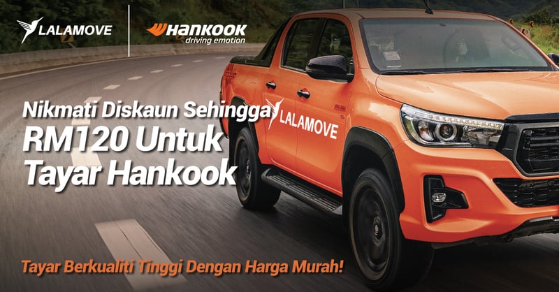gambar menunjukkan kenderaan pikap 4x4 lalamove di atas jalan raya untuk promosi tayar hankook