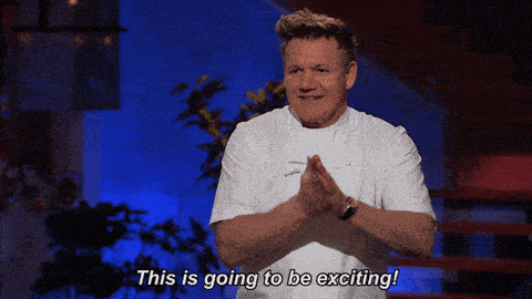 gordon ramsay wearing white outfit saying this is going to be exciting