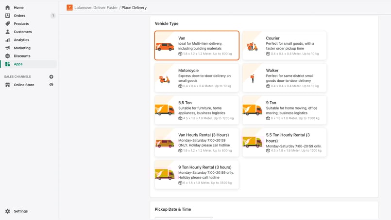 tipo de vehiculos lalamove envios en shopify