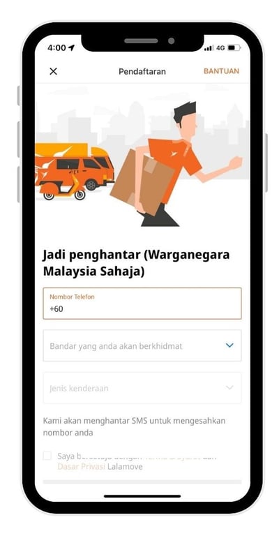 laman daftar sebagai rakan pemandu dalam aplikasi mudah alih lalamove driver