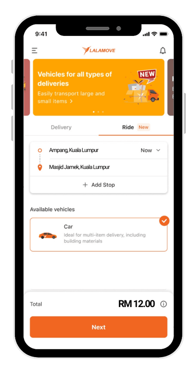 screenshot showing lalamove ride option in the lalamove app homepage-1