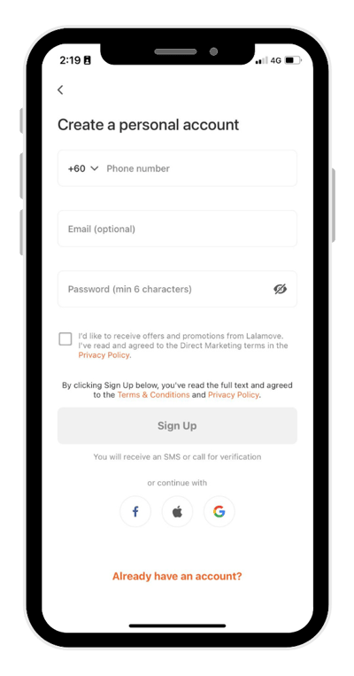 screenshot showing lalamove sign up page for first time user (1)