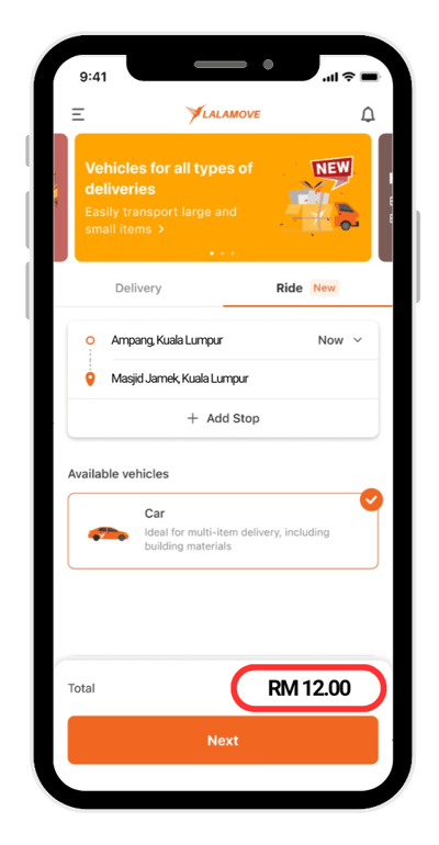 screenshot showing the price in lalamove app (1)