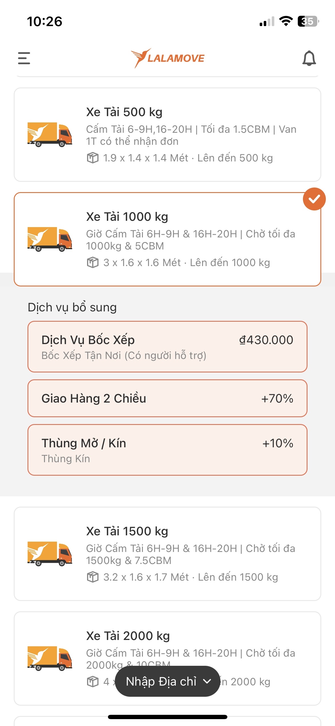 tuỳ chọn dịch vụ bổ sung