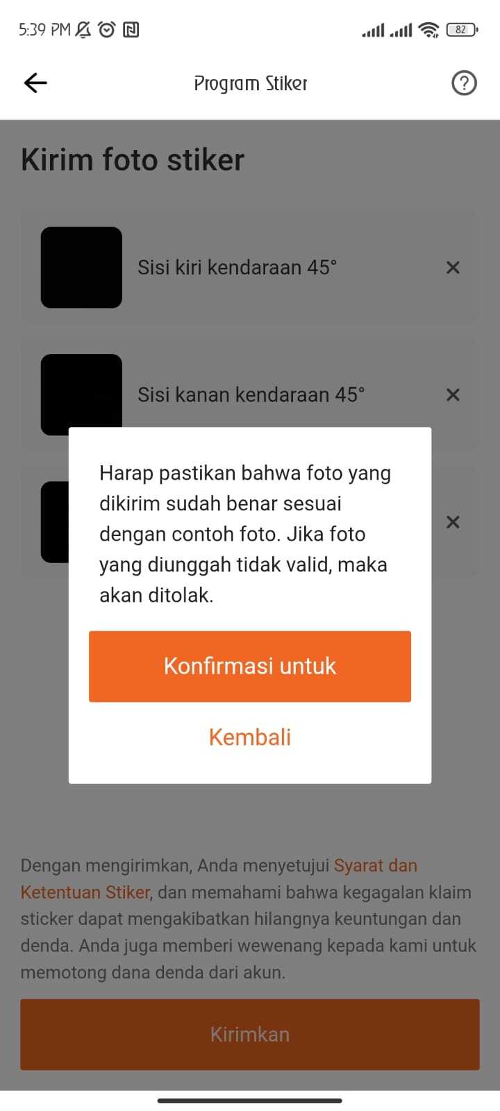 Jika foto kendaraan yang diambil sudah sesuai (foto tidak buram atau gelap), silakan pilih “Konfirmasi” untuk mengirim foto yang sudah diambil