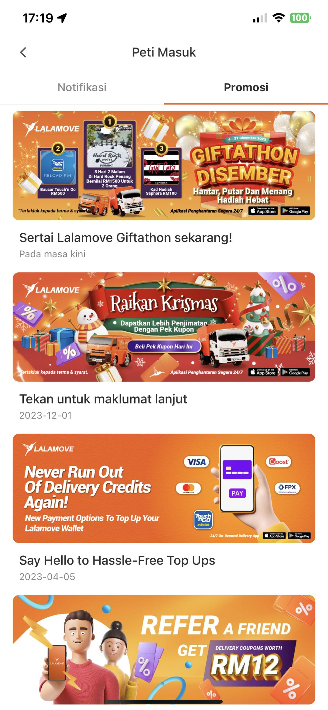 Giftathon Disember halaman inbox dalam aplikasi Lalamove