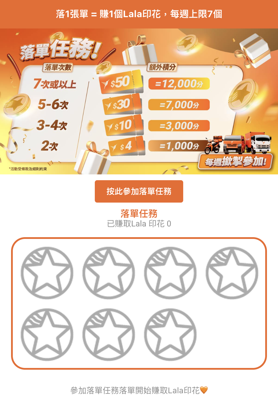 Lalamove 每週落單任務獎賞表