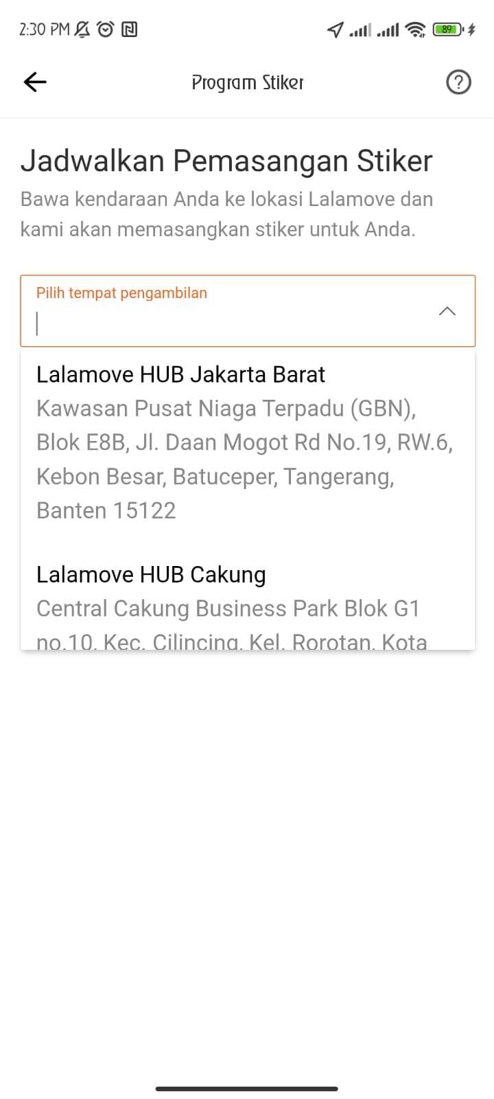 Pilih lokasi tempat pemasangan stiker yang ingin dituju (Lokasi pemasangan stiker akan disesuaikan dengan domisili mitra driver)