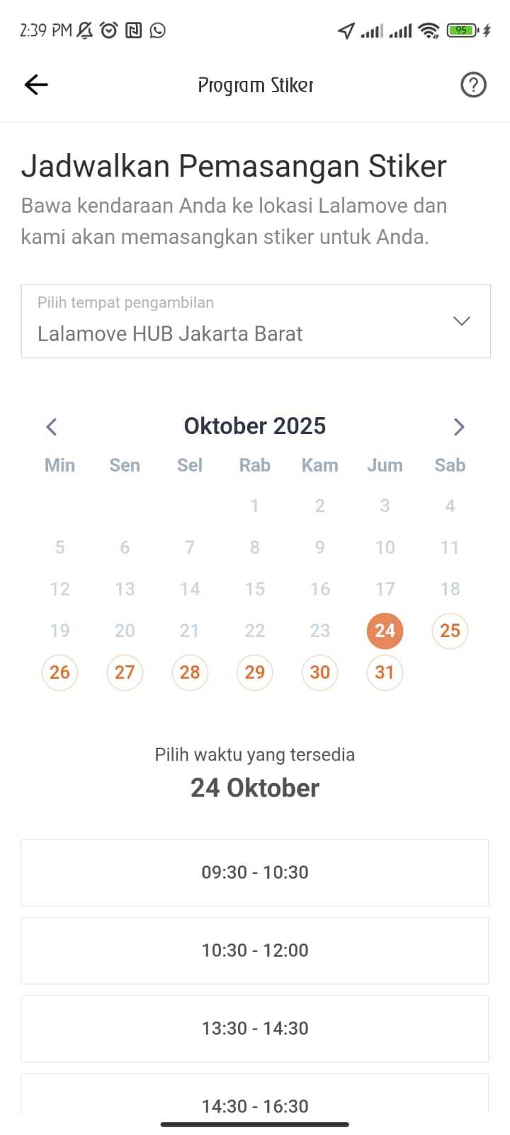 Jika sudah memilih lokasi, pilih tanggal dan jam kedatangan sesuai dengan keinginan anda.