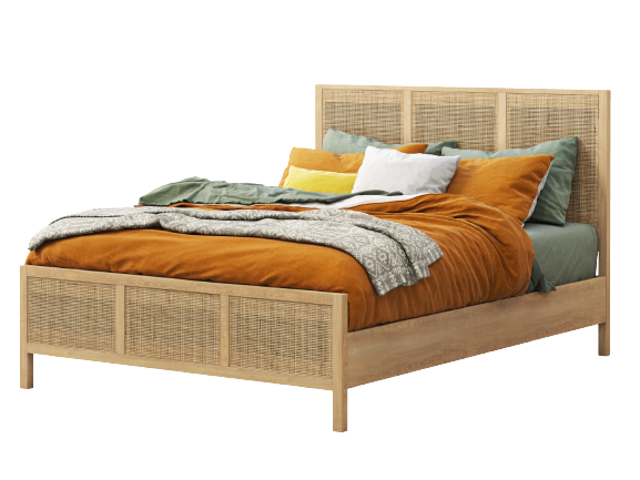 a queen size bed to deliver with lalamove with yellow bed sheets and wooden bed frame