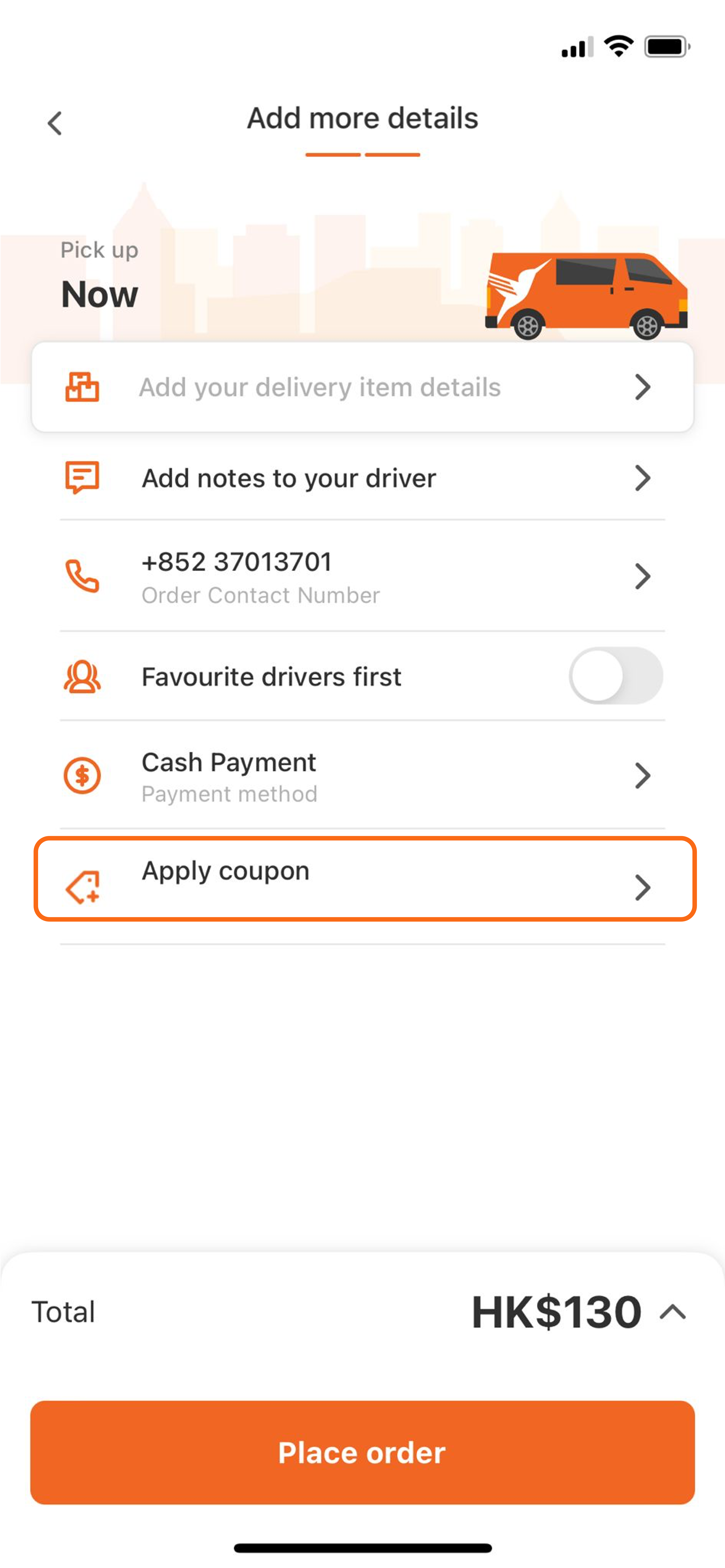 Add details to your order and click