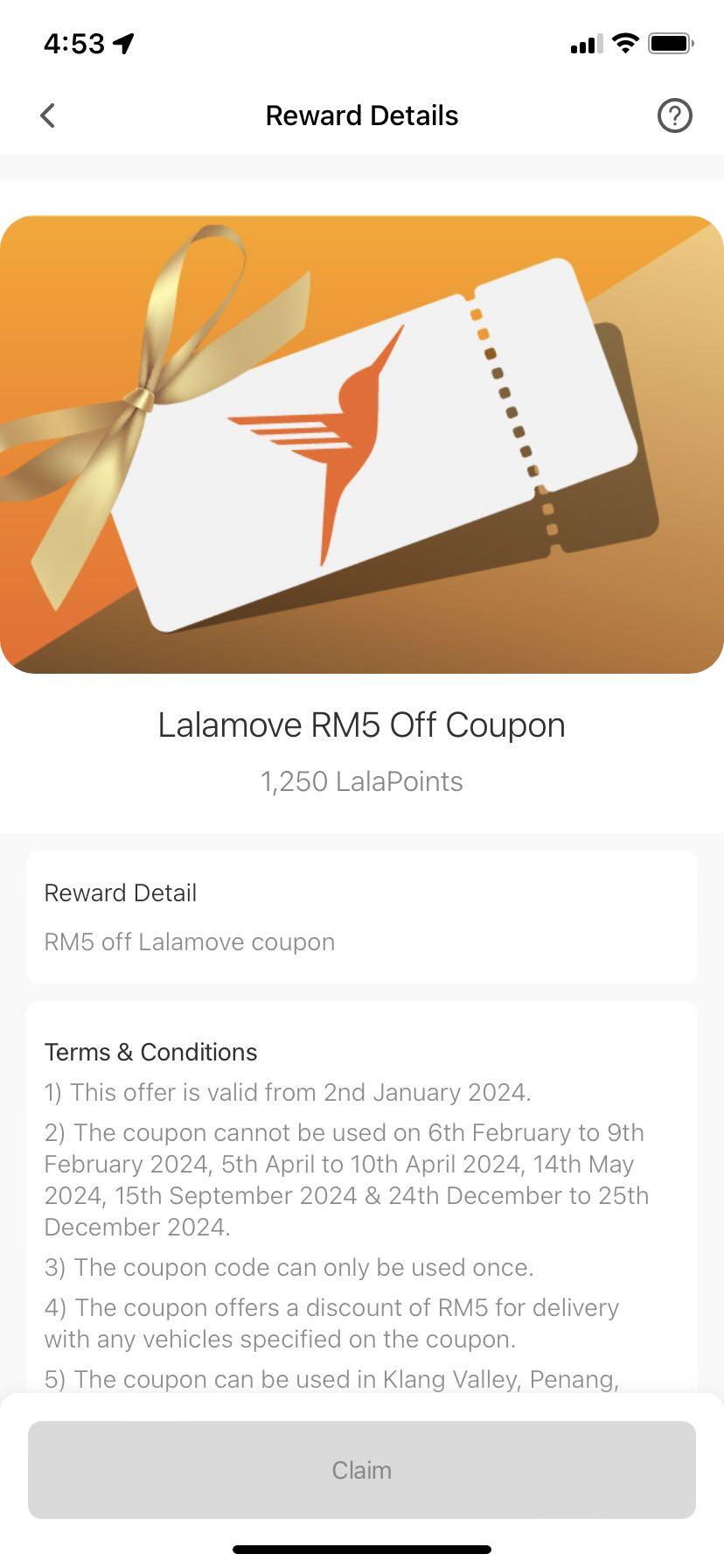 lalamove rewards redeem RM5 coupon