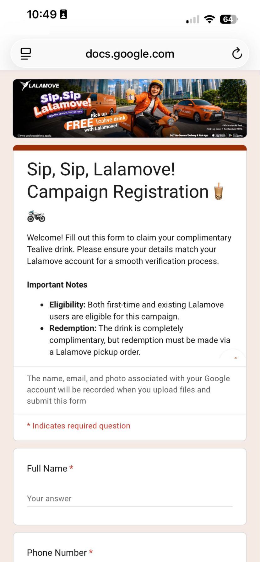 lalamove tealive google form registration