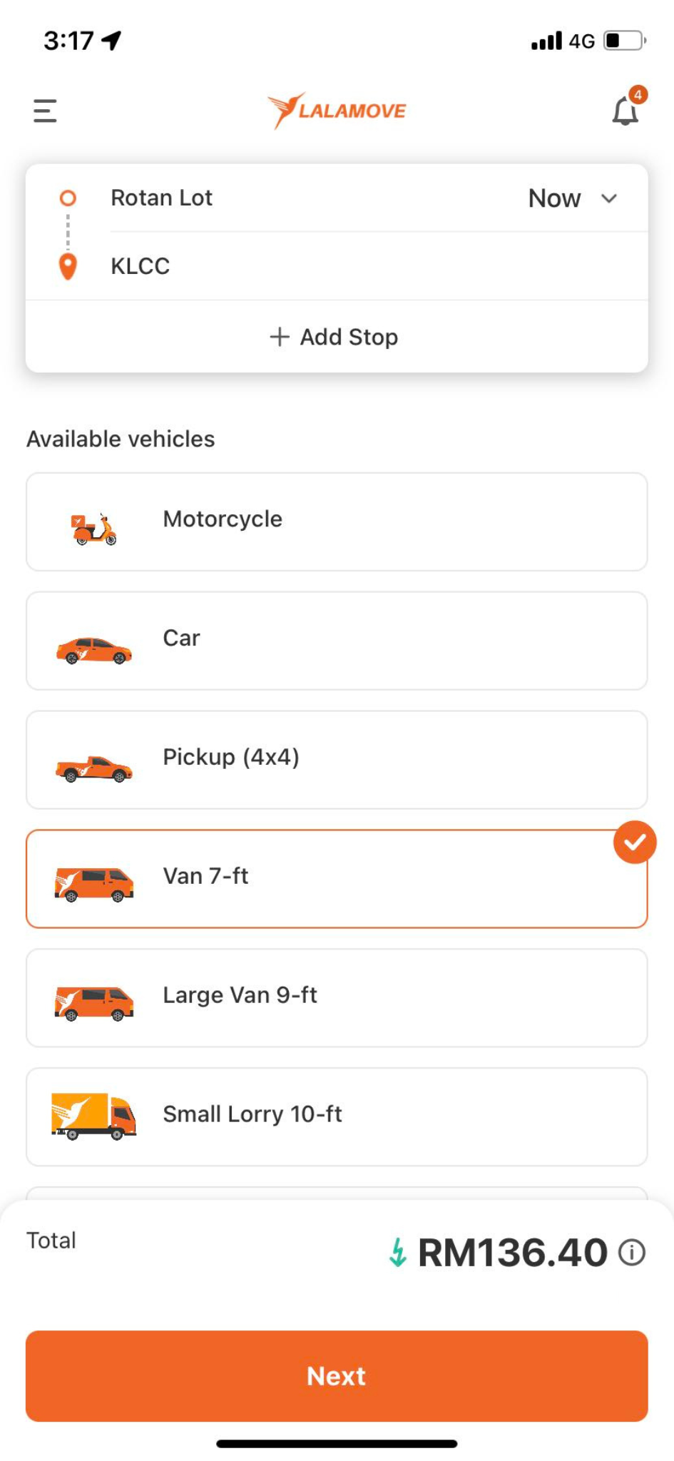 screenshot of lalamove user placing delivery order from rotan lot store to klcc with van 7-ft chosen as vehicle