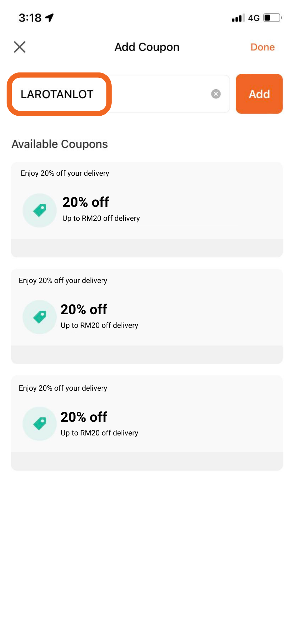 screenshot of user using LAROTANLOT for coupon code to get 20% off deliveries with lalamove