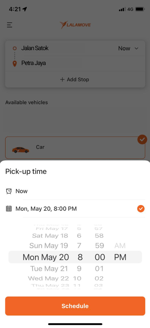 screenshot showing lalamove app to choose pick up time for delivery-2