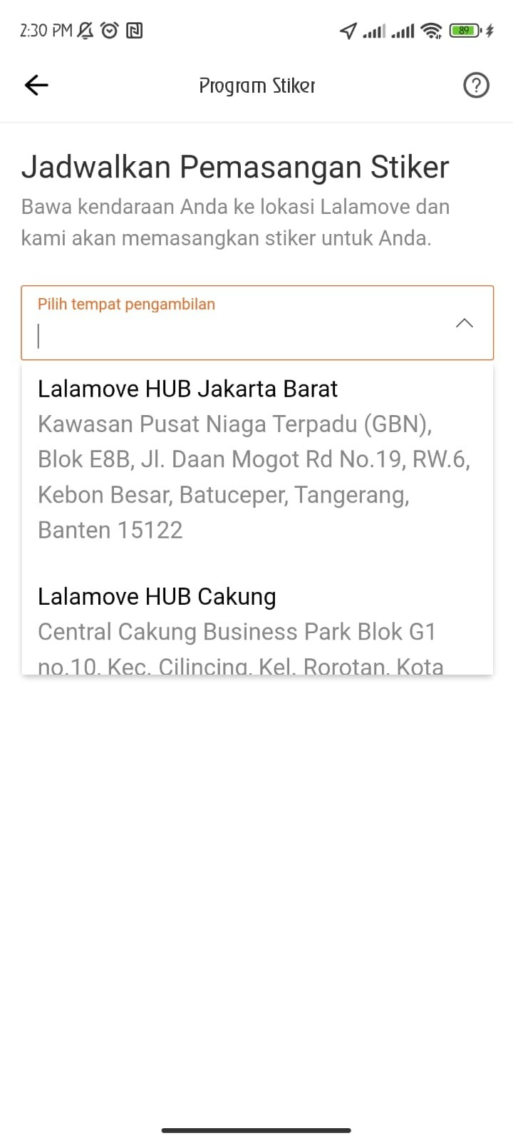 Pilih lokasi tempat pemasangan stiker yang ingin dituju (Lokasi pemasangan stiker akan disesuaikan dengan domisili mitra driver)