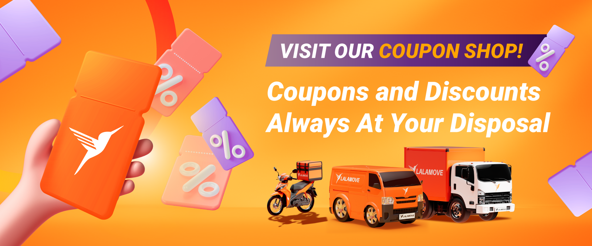web banner of lalamove coupon shop showing van, lorry, motorcycle with delivery coupons