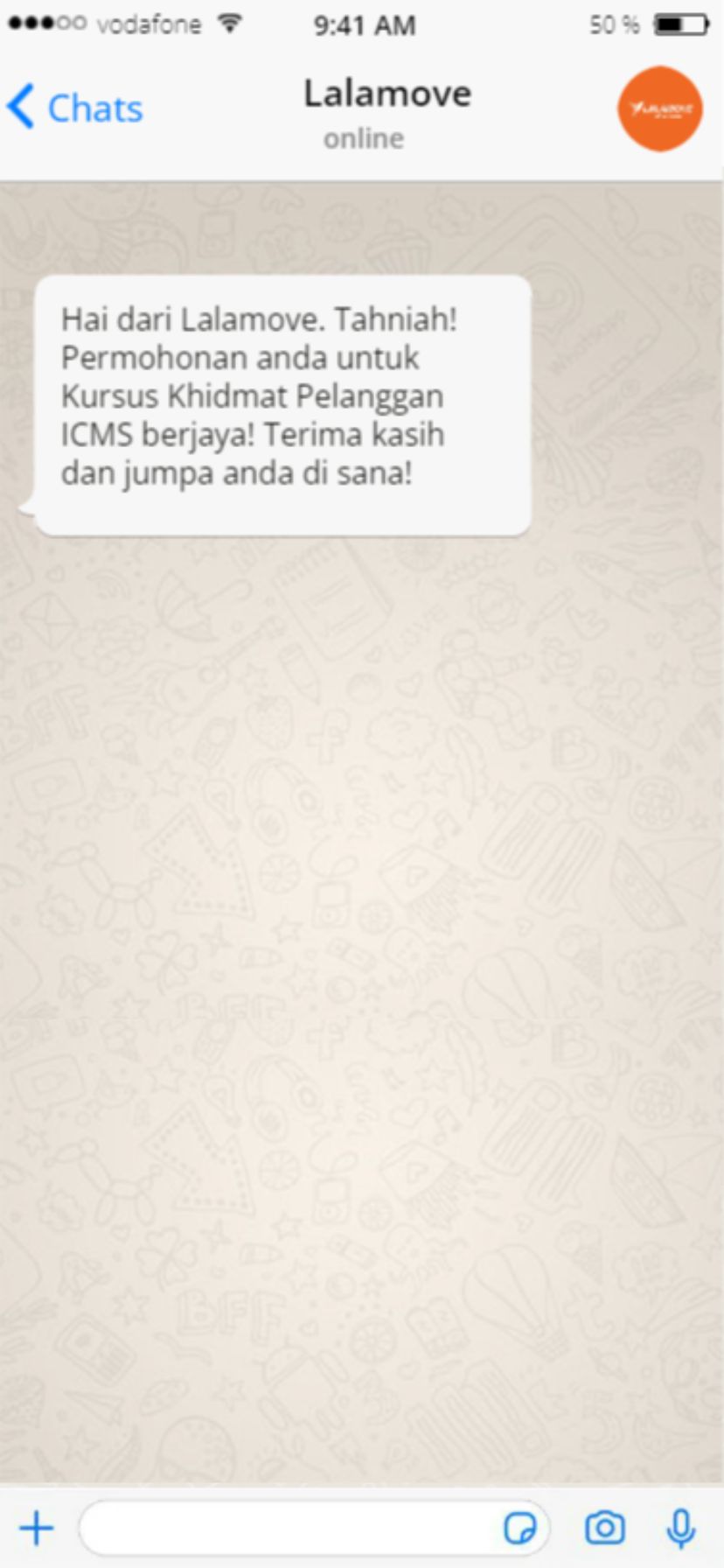 whatsapp dari lalamove untuk menyertai kursus ICMS